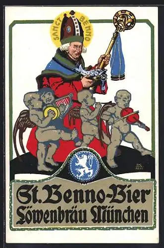 Künstler-AK sign.: O. Obermeier: München, St. Benno-Bier, Löwenbräu, Engel mit Geige