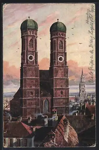 Künstler-AK München, Ortspartie mit Frauenkirche