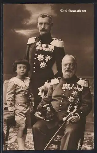 AK Drei Generationen, König Ludwig III. von Bayern mit Kronprinz Rupprecht von Bayern und dessen Sohn