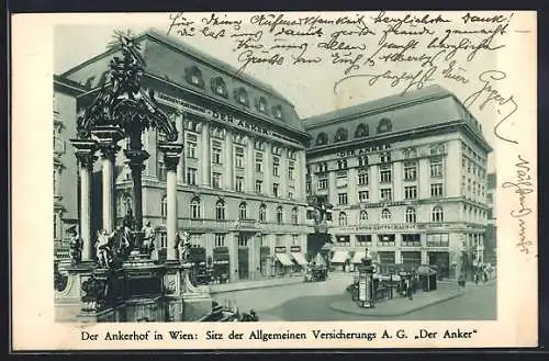 AK Wien, Der Ankerhof, Sitz der Allgemeinen Versicherungs AG Der Anker, Strassenansicht mit Litfasssäule