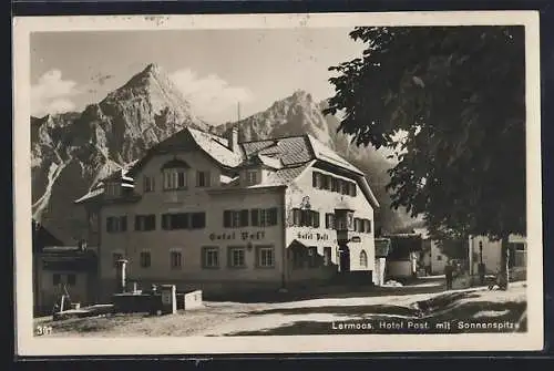 AK Lermoos, Hotel Post mit Sonnenspitze