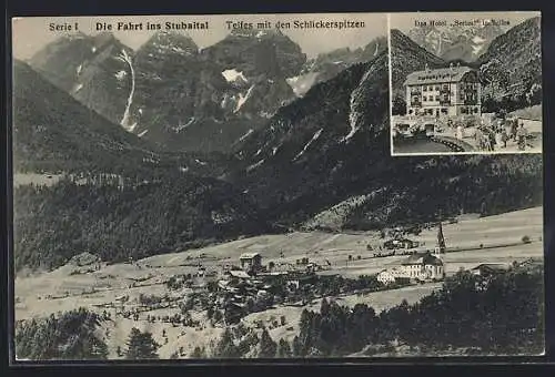 AK Telfes, Das Hotel Serles, Ortsansicht mit den Schlickerspitzen