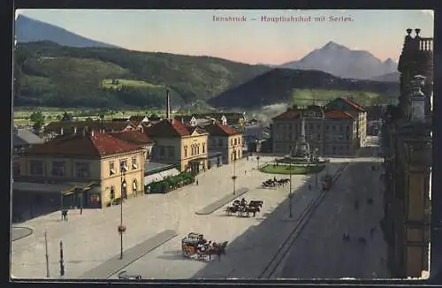 AK Innsbruck, Hauptbahnhof mit Serles und Strassenbahn