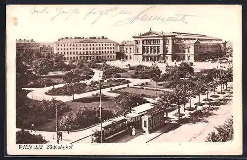 AK Wien, Südbahnhof mit Anlagen und Strasse aus der Vogelschau, Strassenbahn