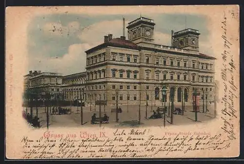 AK Wien, Ansicht des Franz Josefs-Bahnhofs, Litfasssäule