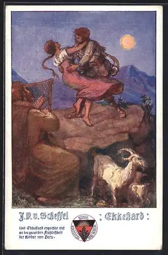 Künstler-AK Deutscher Schulverein Nr. 494: J.V. Scheffel, Ekkehard, Pärchen tanzt auf einem Stein, Mann mit Harfe
