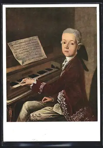 Künstler-AK sign. Thaddäus Helbling: Der junge Mozart am Klavier