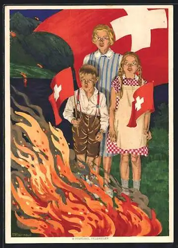 AK Bundesfeier 1930, Für bedürftige Schweizerschulen im Ausland, Kinder mit Flaggen am Lagerfeuer