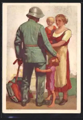 Künstler-AK Schweizer Bundesfeier 1929, Mutter und Kind empfangen Soldaten