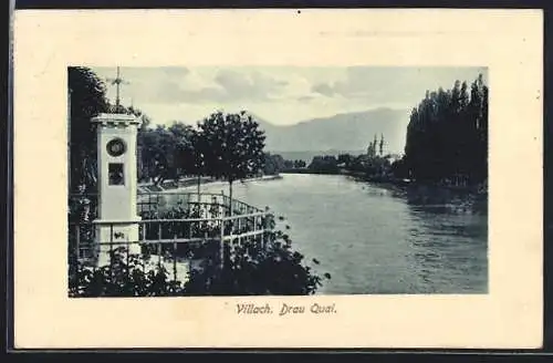 AK Villach, Drau Quai mit Wettersäule