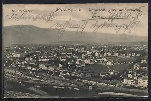 AK Marburg a. D., Bahnhof mit Pachern-Gebirge vom Schlapfenberg aus