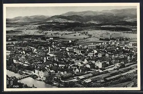 AK Celje, Bahnhof und Kirchen aus der Vogelschau