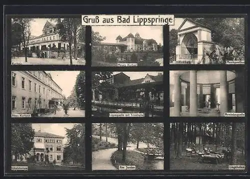 AK Bad Lippspringe, Kurhaus, Neues Kurbad, Musikpavillon, altes Kurhaus, Lippequelle mit Trinkhalle