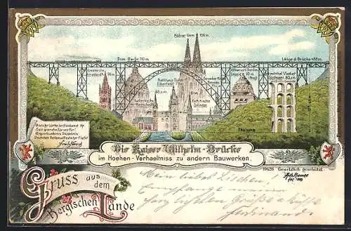 Lithographie Solingen, Kaiser-Wilhelm Brücke im Höhen-Vergleich mit anderen Bauwerken