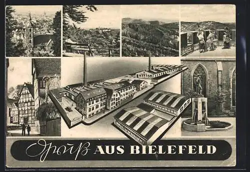 AK Bielefeld, Panorama, Fahrradfabrik E. & P. Stricker & Ortspartien