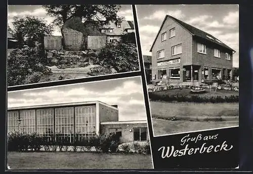 AK Westerbeck /Kr. Gifhorn, Lebensmittel- und Gemischtwarenladen, Kriegerdenkmal