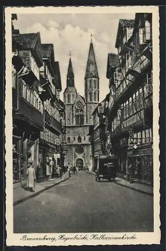 AK Braunschweig, Strasse Hagenbrücke mit Blick zur Katharinenkirche