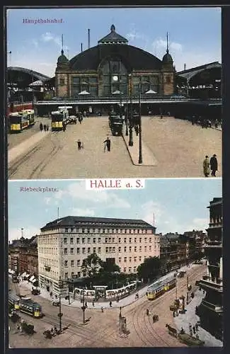 AK Halle a. Saale, Hauptbahnhof und Riebeckplatz