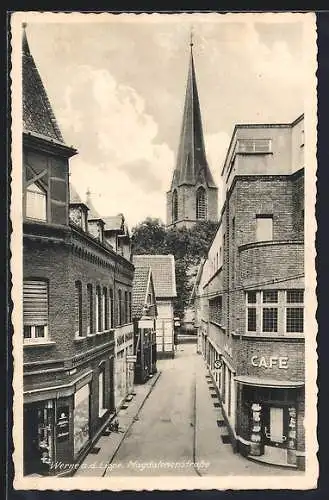 AK Werne a. d. Lippe, Magdalenenstrasse mit Cafe und Kirche