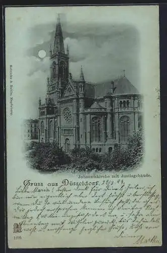 Mondschein-AK Düsseldorf, Johanniskirche mit Justizgebäude