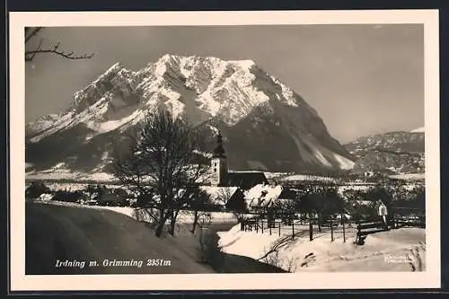 AK Irdning, verschneite Ortschaft mit Grimming