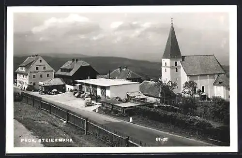 AK Pack, Strassenpartie mit Gasthof Packerhöhe und Kirche