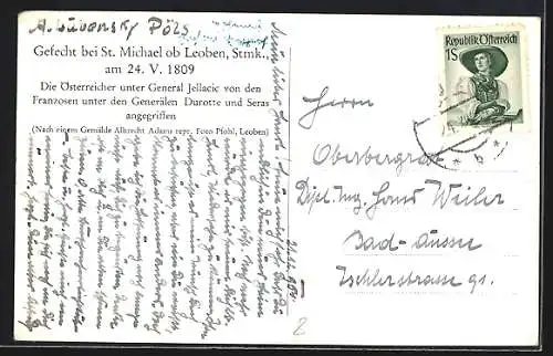 AK St. Michael ob Leoben, Gefecht bei St. Michael, Gemälde v. Albrecht Adams