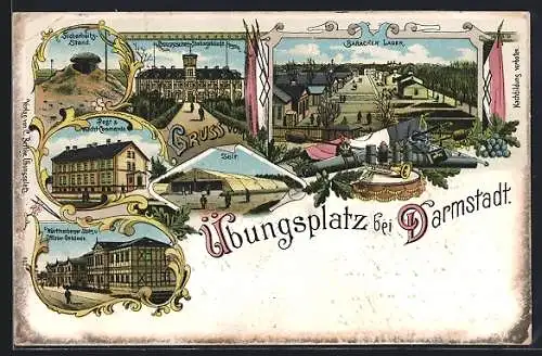 Lithographie Darmstadt, Übungplatz, Post und Wachtkommando, Barackenlager