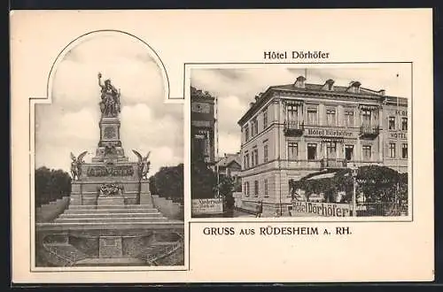 Künstler-AK Rüdesheim a. Rh., Hotel Dörhöfer und Denkmal