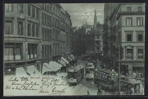 Mondschein-AK Hamburg, Grosser Burstah mit Strassenbahnen