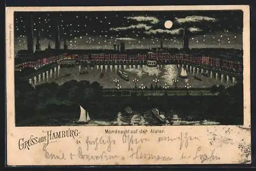 Lithographie Hamburg, Mondnacht auf der Alster