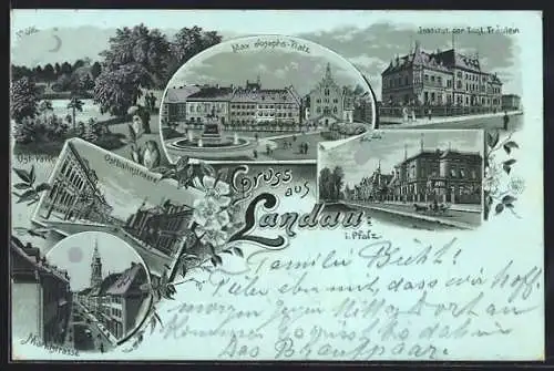 Mondschein-Lithographie Landau i. Pfalz, Marktstrasse, Max Josephs-Platz und Institut der Engl. Fräulein bei Nacht