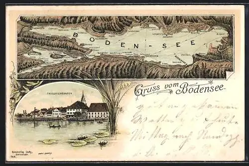 Lithographie Friedrichshafen, Ortsansicht, Umgebung Bodensee