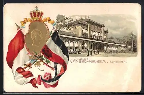 Lithographie Bad Nauheim, Kurhaus im Kurgarten, Kaiserportrait mit Fahnen