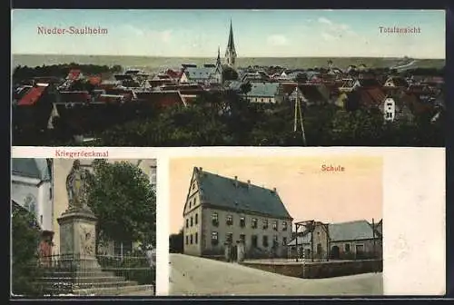 AK Nieder-Saulheim, Gesamtansicht, Kriegerdenkmal u. Schule