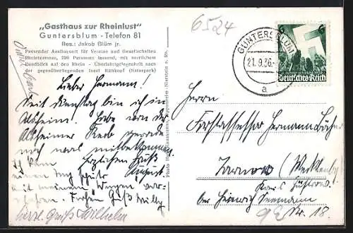 AK Guntersblum, Gasthaus z. Rheinlust, Innen- & Aussenansicht, Rheinpartie m. Dampfer