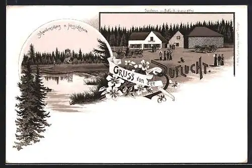 Lithographie Oppenau, Gasthaus zur Zuflucht, an der Schwabenschanz