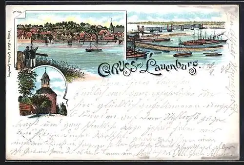 Lithographie Lauenburg / Elbe, Hafenpartie mit Brücke, Schlossturm, Ortsansicht