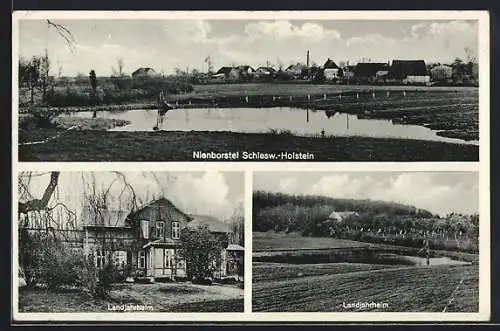 AK Nienborstel /Schlesw.-Holstein, Landjahrheim mit Weiher, Ortsansicht