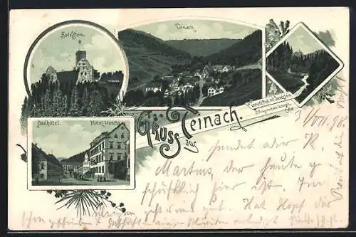Lithographie Teinach, Zavelstein, Badhotel und Hotel Hirsch