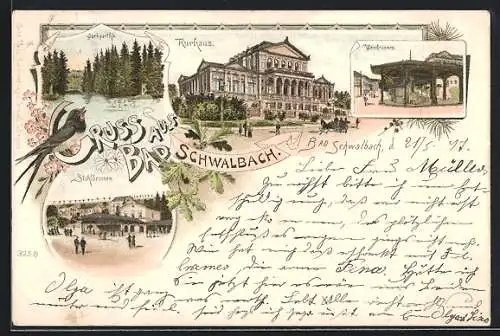 Lithographie Bad Schwalbach, Kurhaus, Weinbrunnen, Stahlbrunnen, Parkpartie am See