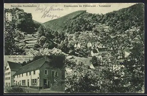 AK Frankenstein / Pfalz, Gasthaus z. Diemerstein v. Hch. Gross, Teilansicht mit Burgruine