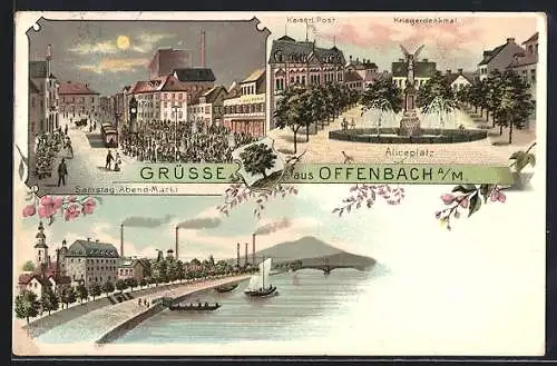 Lithographie Offenbach a. M., Samstag-Abend-Markt, Aliceplatz mit Kaiserl. Post