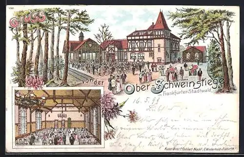 Lithographie Frankfurt-Sachsenhausen, Gasthaus Ober-Schweinstiege im Frankfurter Stadtwald, Innenansicht