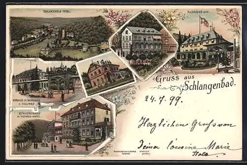 Lithographie Schlangenbad, Totalansicht, Nassauer Hof, Hotel Russischer Kaiser & Eltvillerstrasse m.Victoria-Hotel