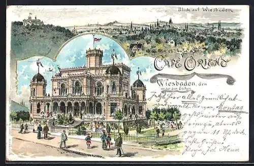 Lithographie Wiesbaden, Ortsansicht und Cafe Orient mit Anlagen