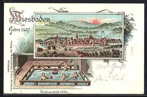 Lithographie Wiesbaden, Totalansicht u. Badeanstalt