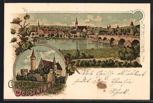 Lithographie Ochsenfurt a. M., Das Bezirksamt, Ortsansicht mit Mainbrücke