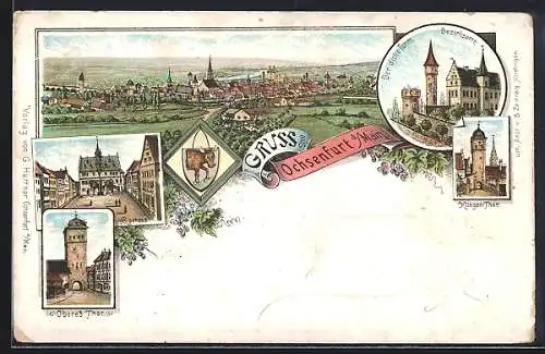 Lithographie Ochsenfurt a. Main, Rathaus, Oberes Tor, Klingen-Tor, der Dicke Turm am Bezirksamt