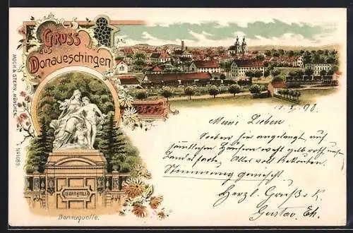 Lithographie Donaueschingen, Statuengruppe an der Donauquelle, Ortsansicht